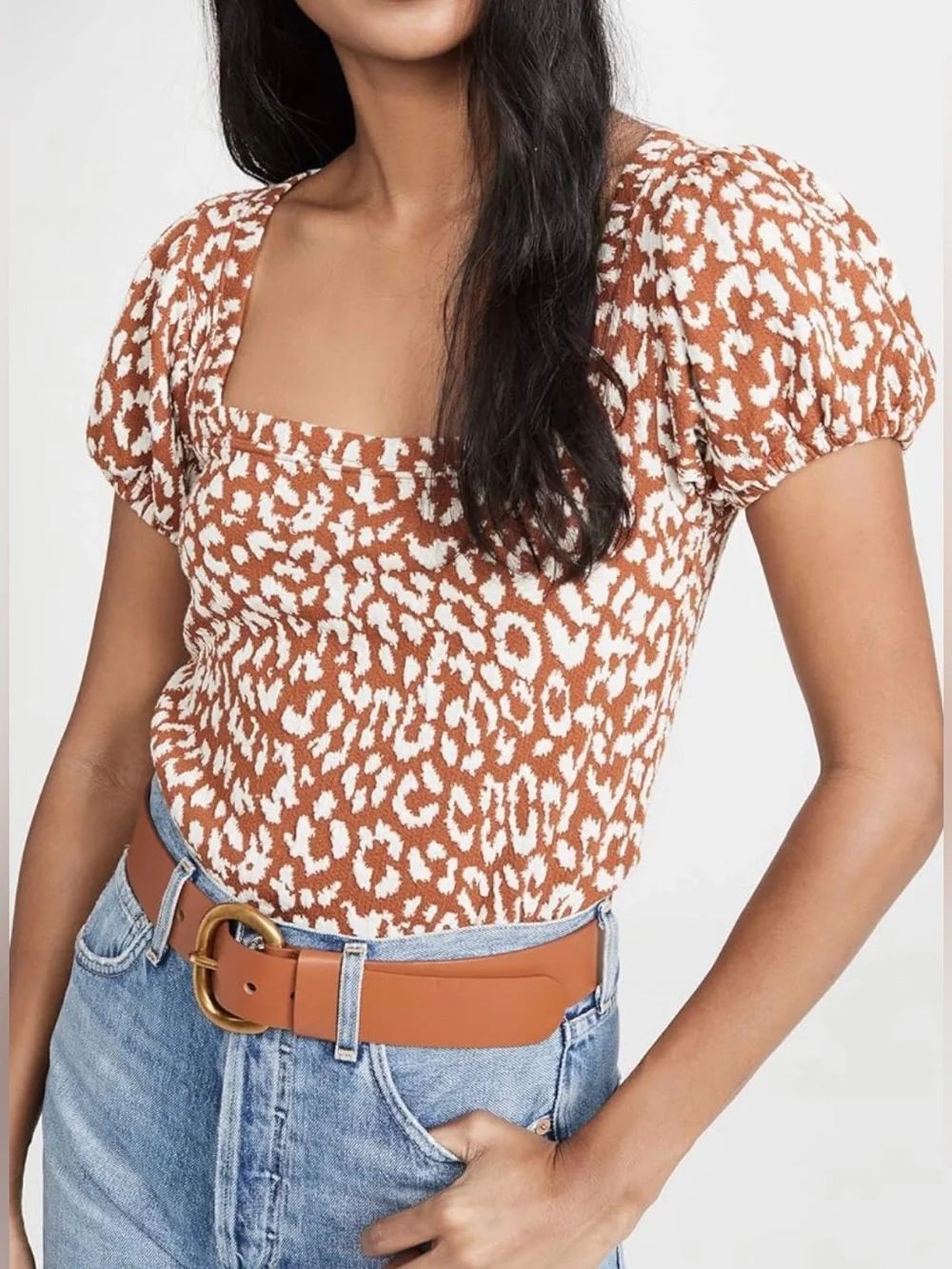 Free People Brown and White Leopard Square Neck Puff Sleeve Blouse - Size M